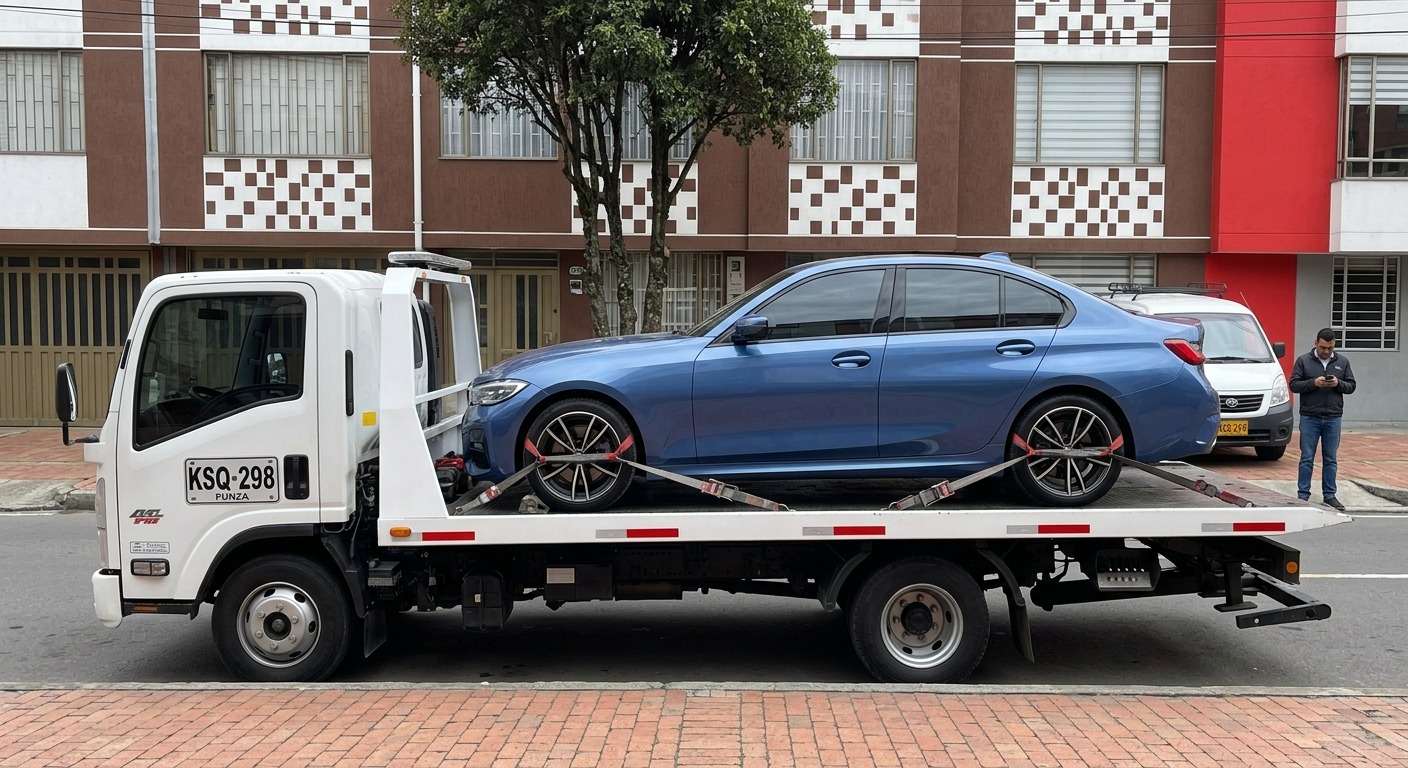 Grúa plancha de Asistencia Vial RT trasladando un BMW en Bogotá